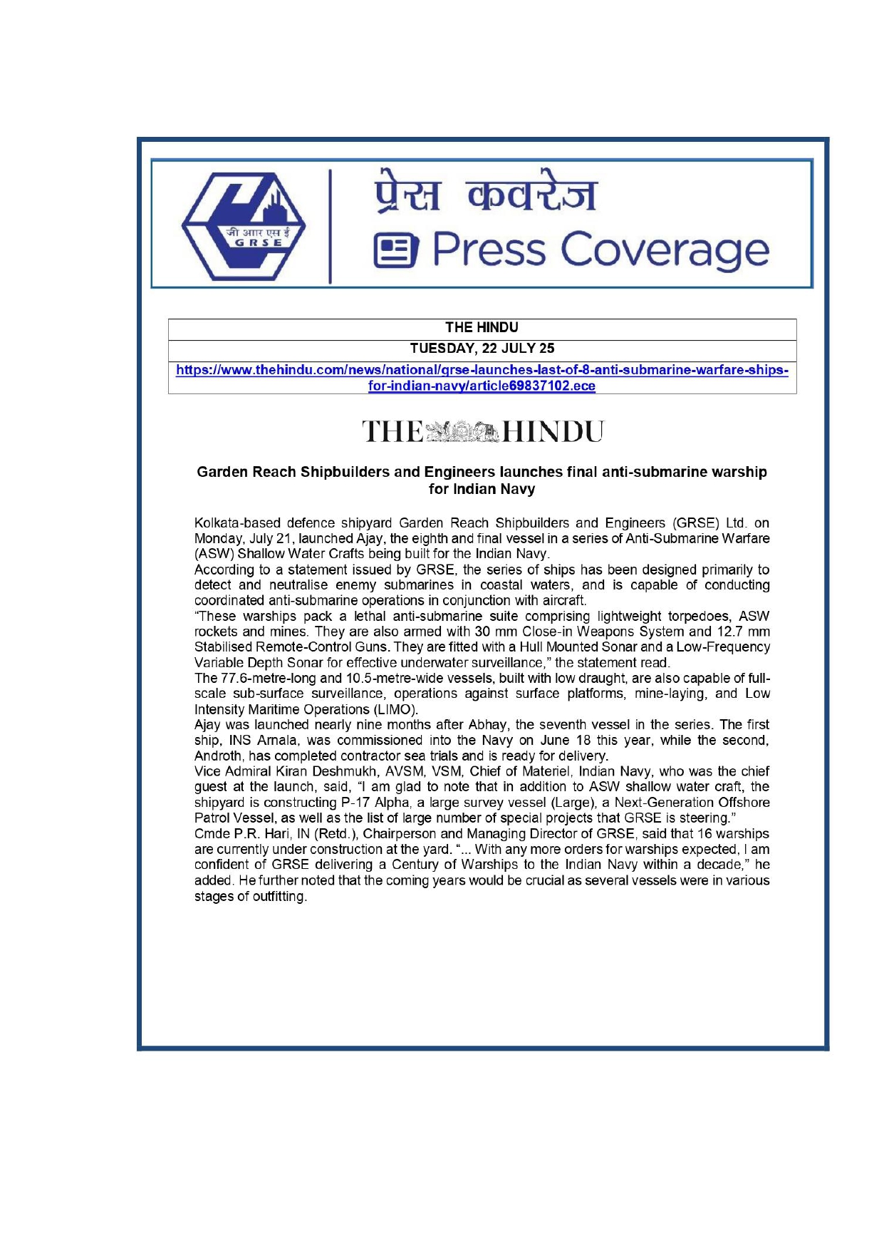 Press Coverage :  Anti-submarine Warfare Ship,Ajay,Launched in Kolkata